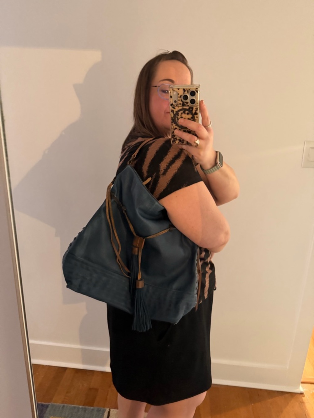 Free People Gramercy blue Hobo Style Shoulder Bag with brown leather detail